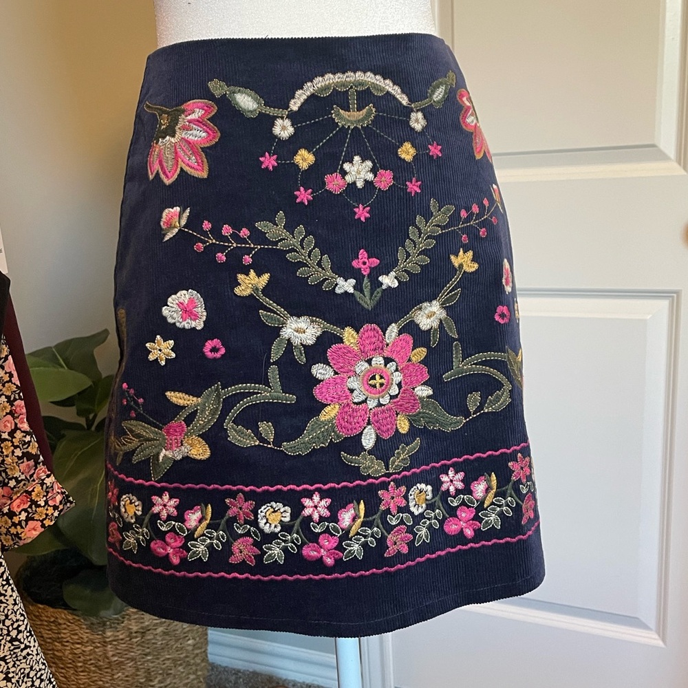 Beautifully Embroidered Floral Corduroy Skirt - Navy, Pink, yellow